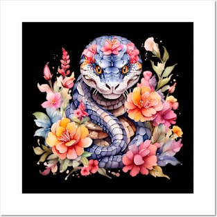 A snake decorated with beautiful watercolor flowers Posters and Art